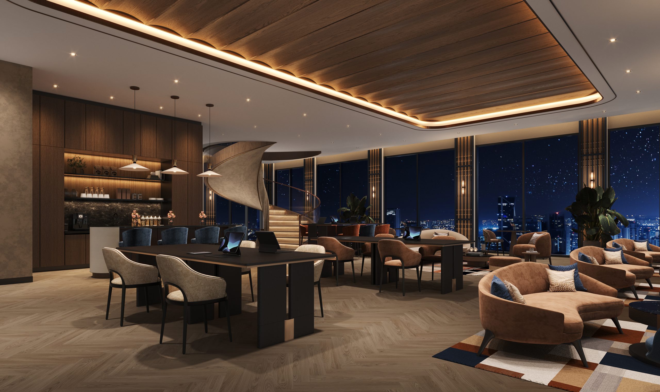 Co-working sky deck with workstations and skyline views