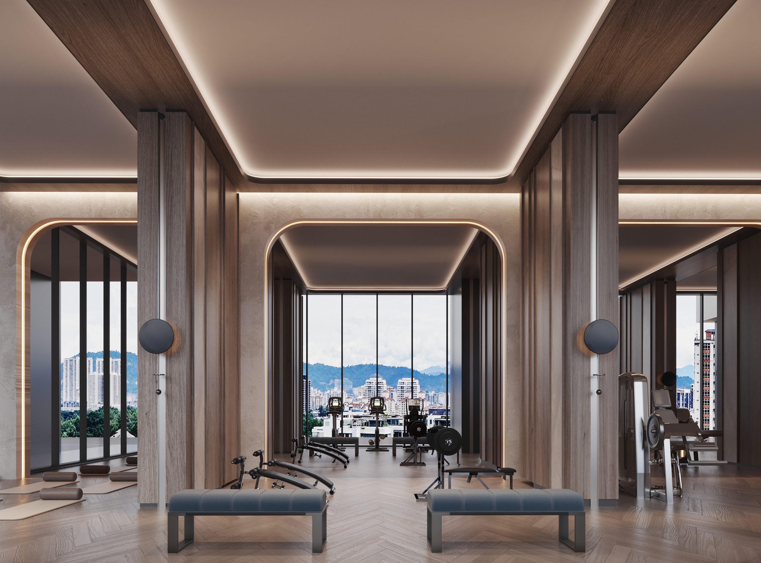 Fitness lounge gym with floor-to-ceiling windows and city views
