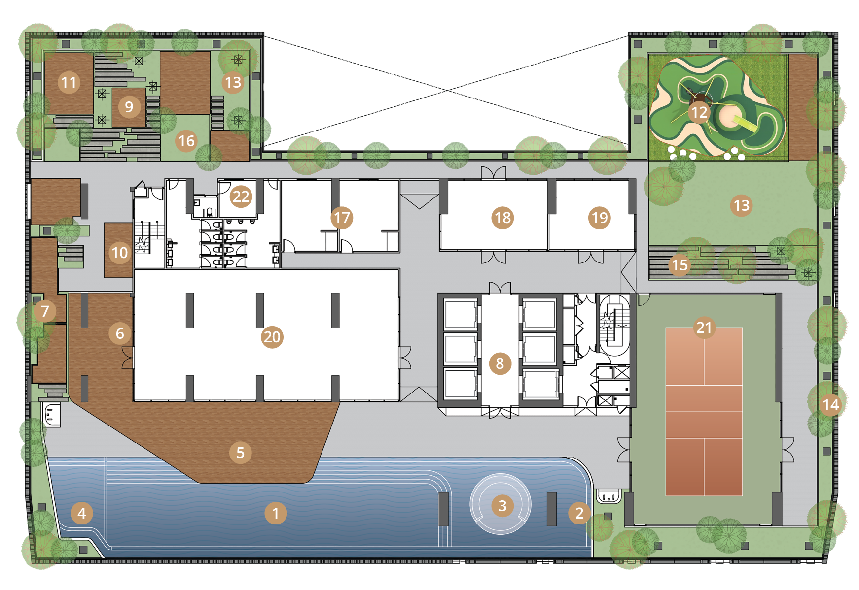Level 8 Podium facilities floor plan showing pools, lounges and recreation areas
