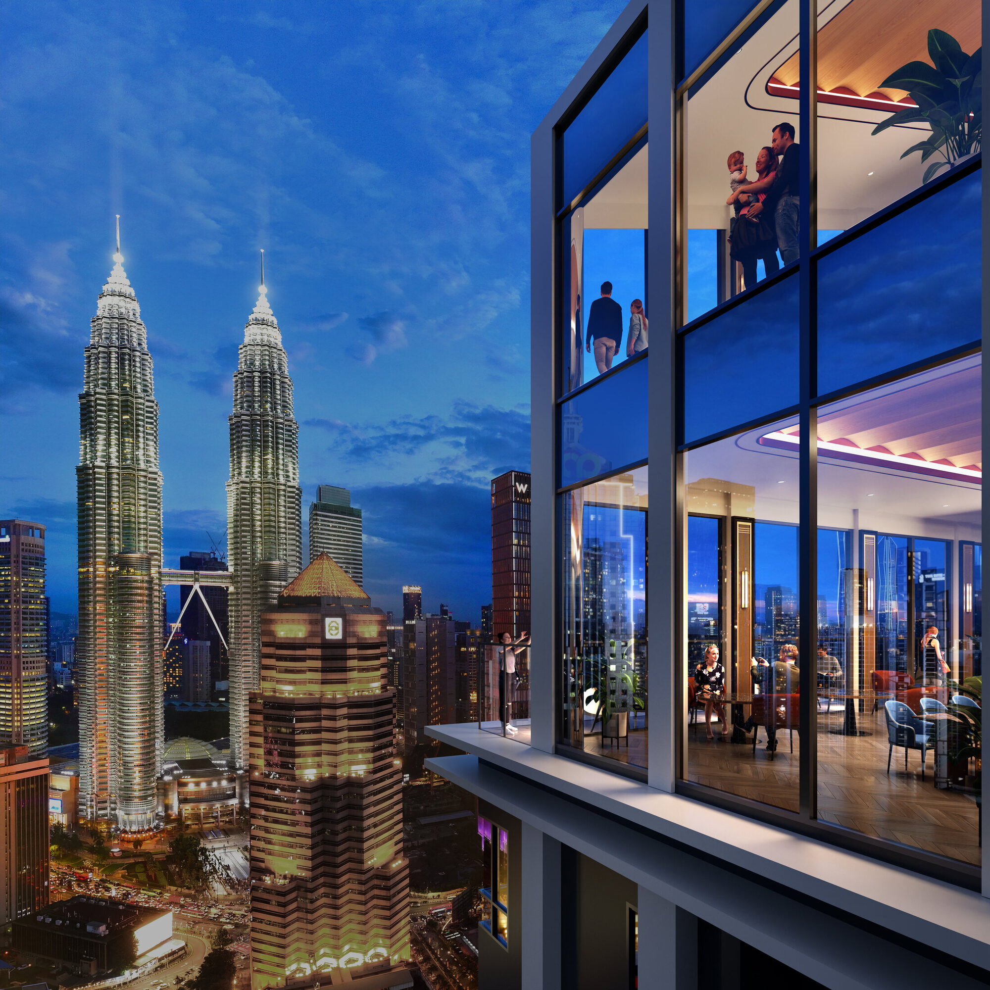 Close-up view of the Petronas Twin Towers and the Kuala Lumpur city skyline at dusk, seen from a SUTERA suite