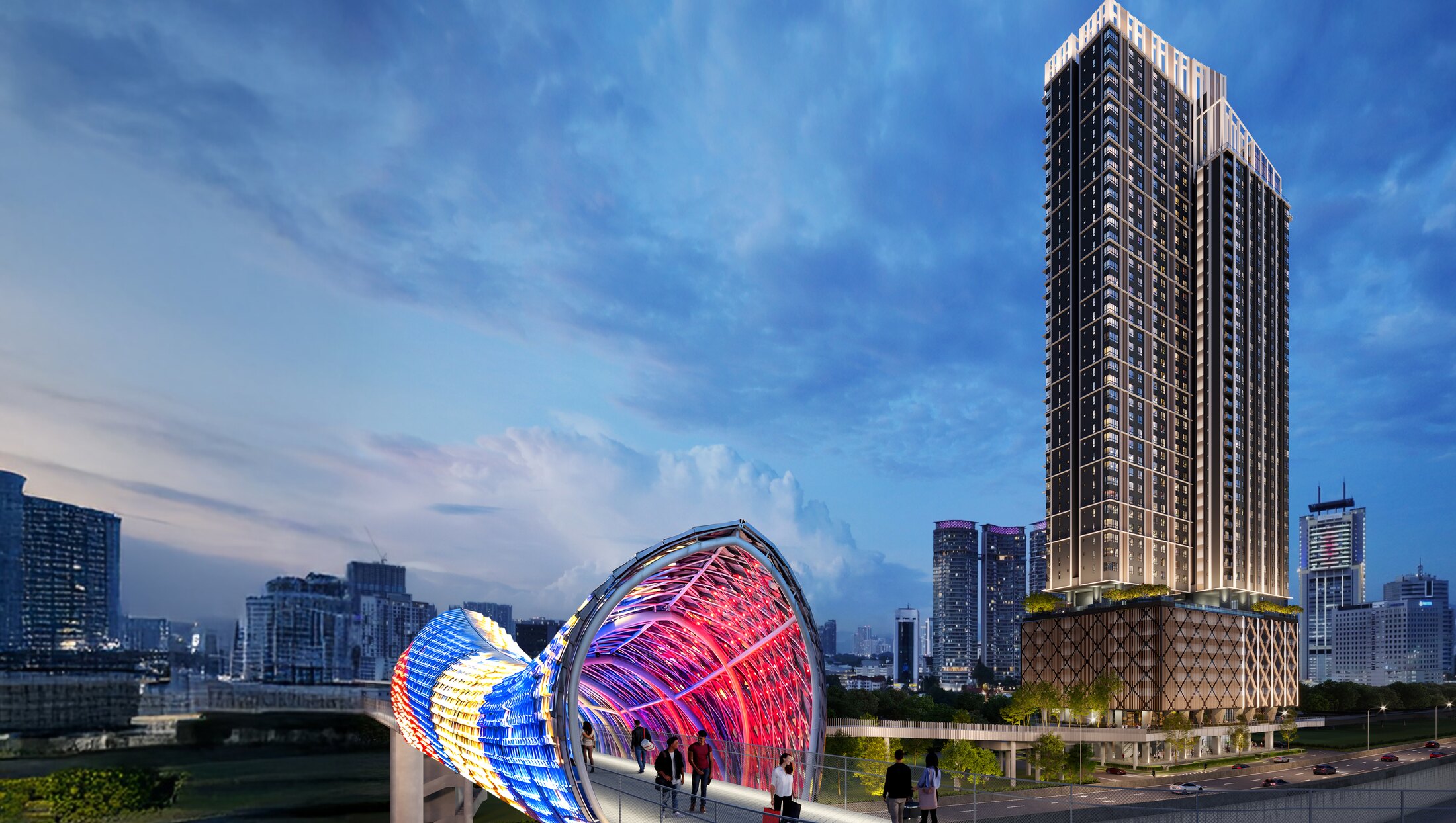 Saloma Link bridge overlooking the SUTERA SUITES facade and Kuala Lumpur skyline