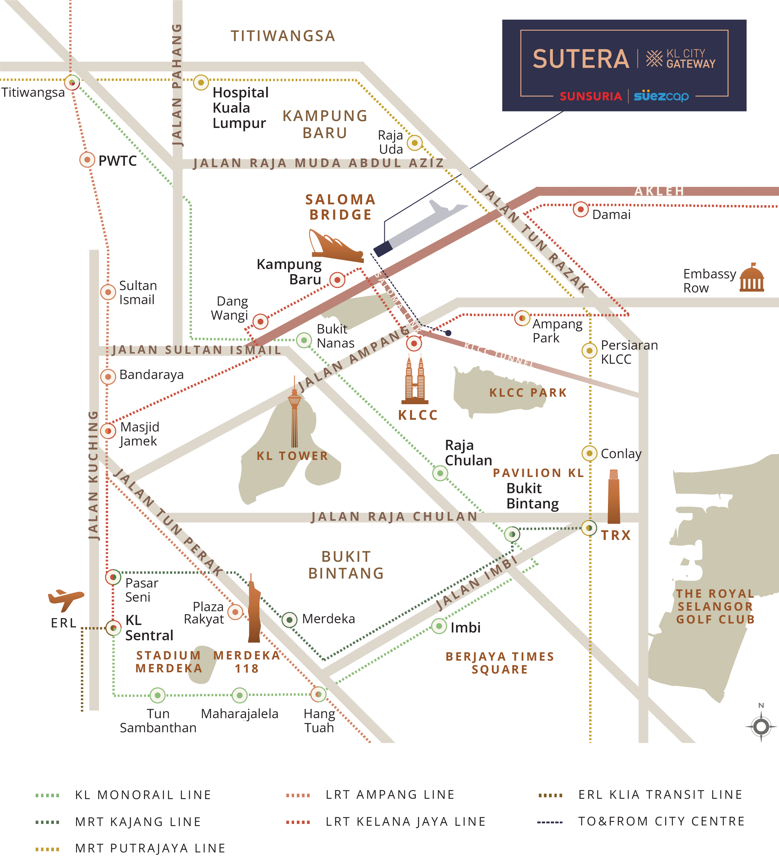 Map of Kuala Lumpur showing SUTERA Suites location, AKLEH access, Saloma Bridge, KLCC, transit lines and key landmarks